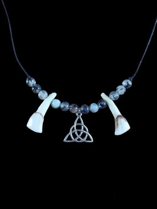 Red deer teeth, dragon veins agate and celtic knot amulet necklace