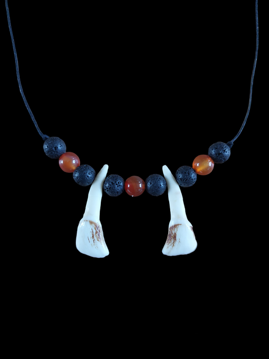 Red deer teeth with carnelion and lava stone amulet necklace