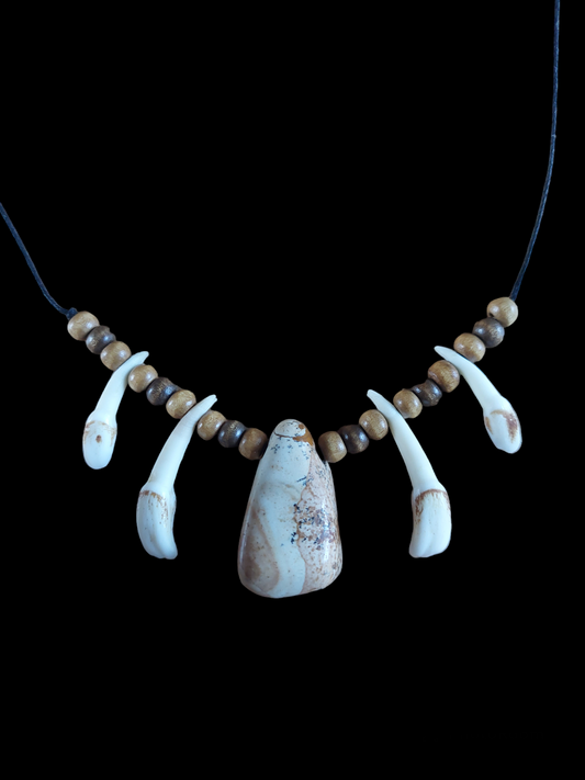 Red deer teeth and landscape jasper amulet necklace