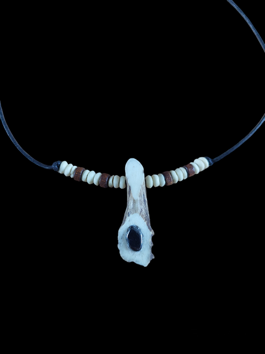 Roe deer antler with hematite and yak bone amulet necklace