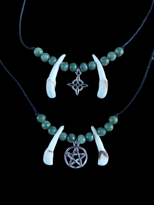 Red deer teeth, green jade and witch pendant amulet necklace