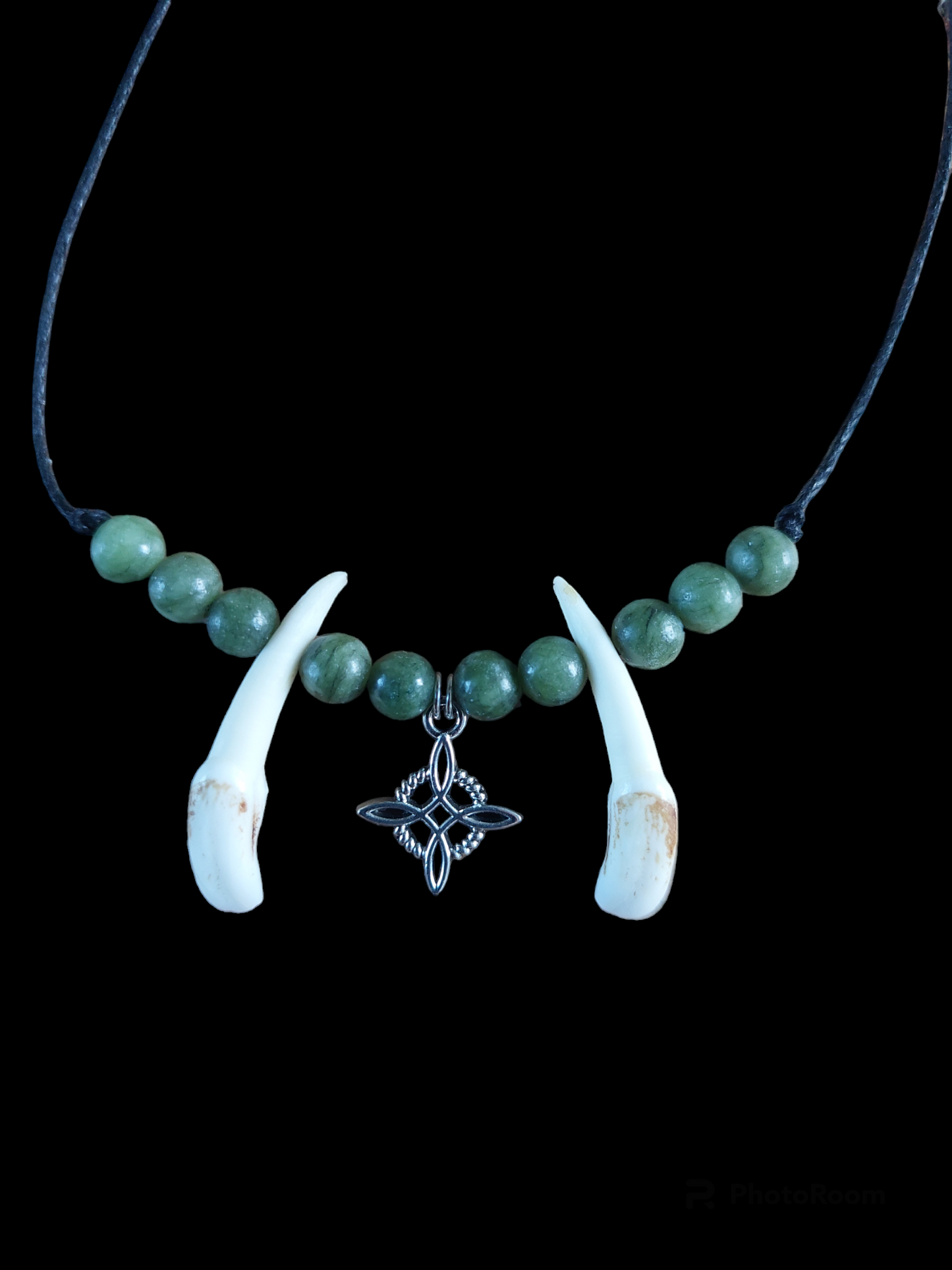 Red deer teeth, green jade and witch pendant amulet necklace