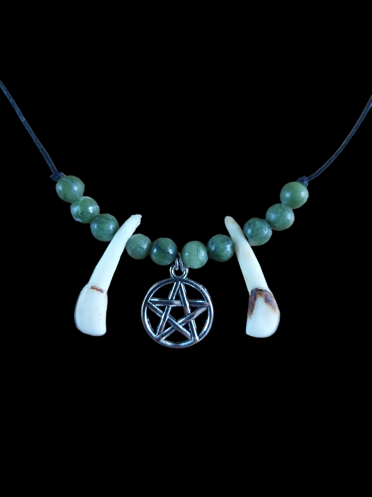 Red deer teeth, green jade and witch pendant amulet necklace