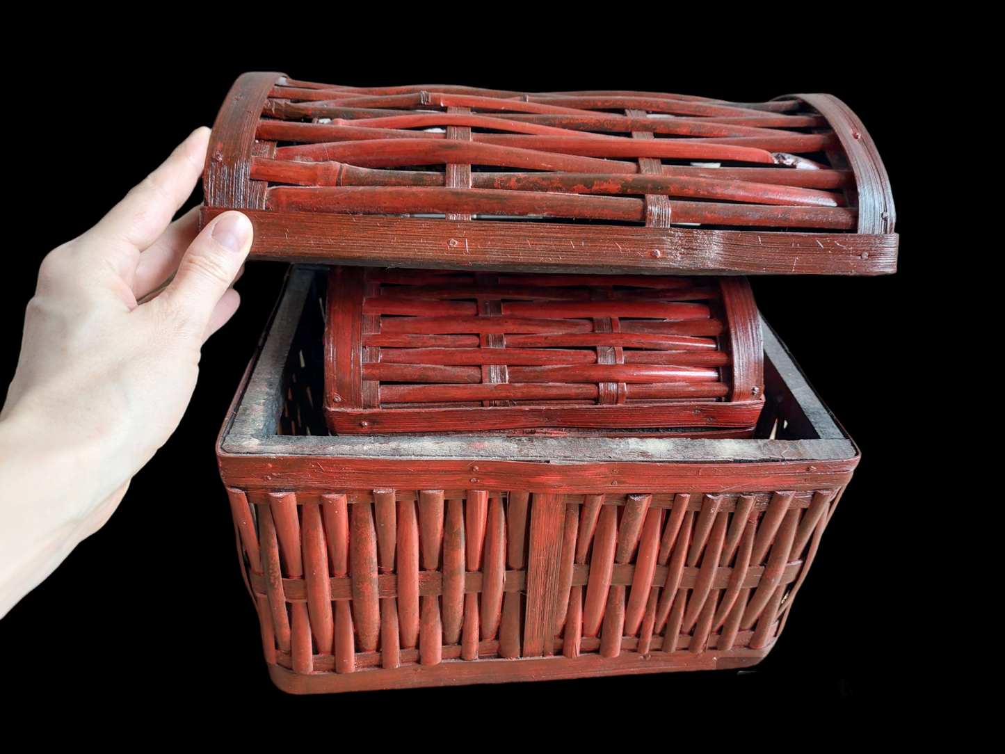 Nepalese wood and bamboo storage baskets, set of 2