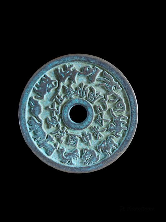 Vintage bronze numismatic charm Trigrams and Zodiac