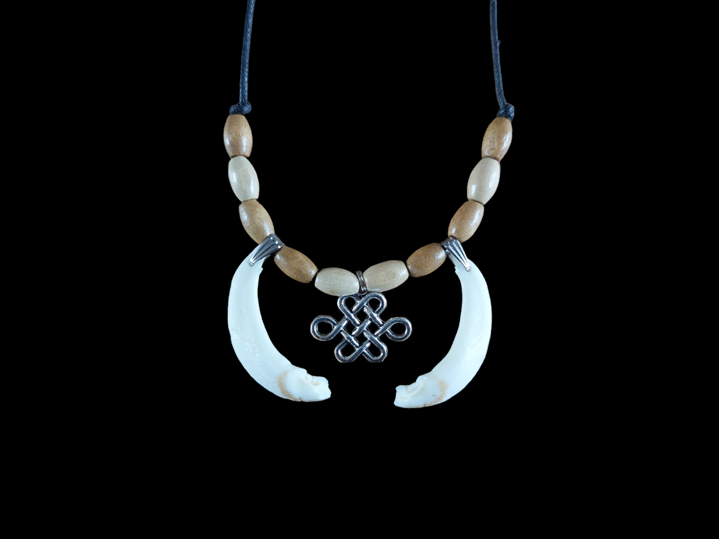 Red deer teeth and endless knot pendant amulet necklace