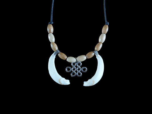 Red deer teeth and endless knot pendant amulet necklace