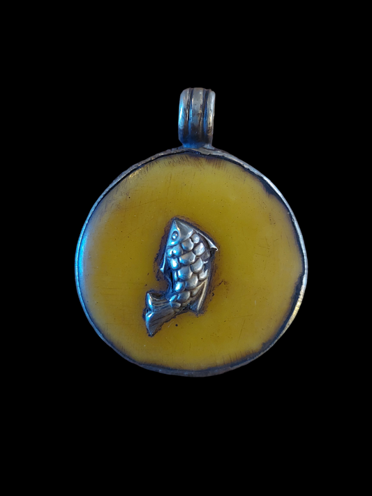 Vintage Tibetan silver and beeswax amber pendant