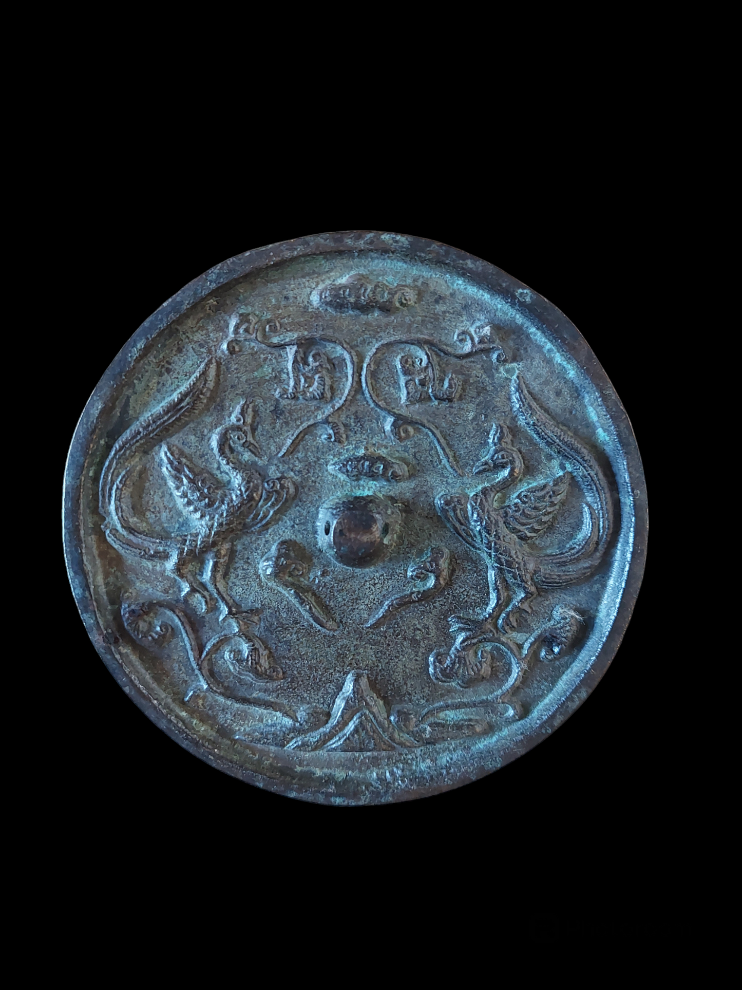 Antique Chinese bronze shamanic mirror Double Phoenix 110 millimeter