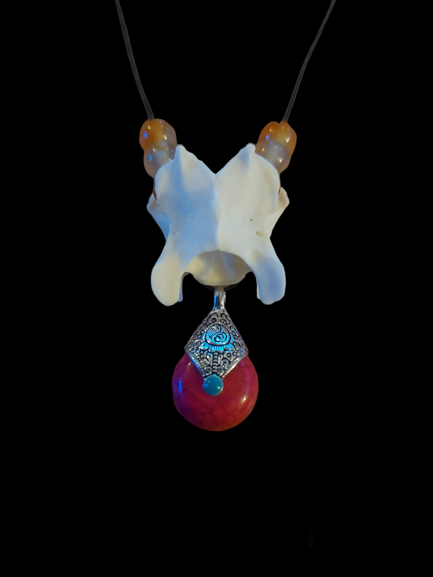 Fox vertebra with carnelion beads and howlite pendant amulet necklace