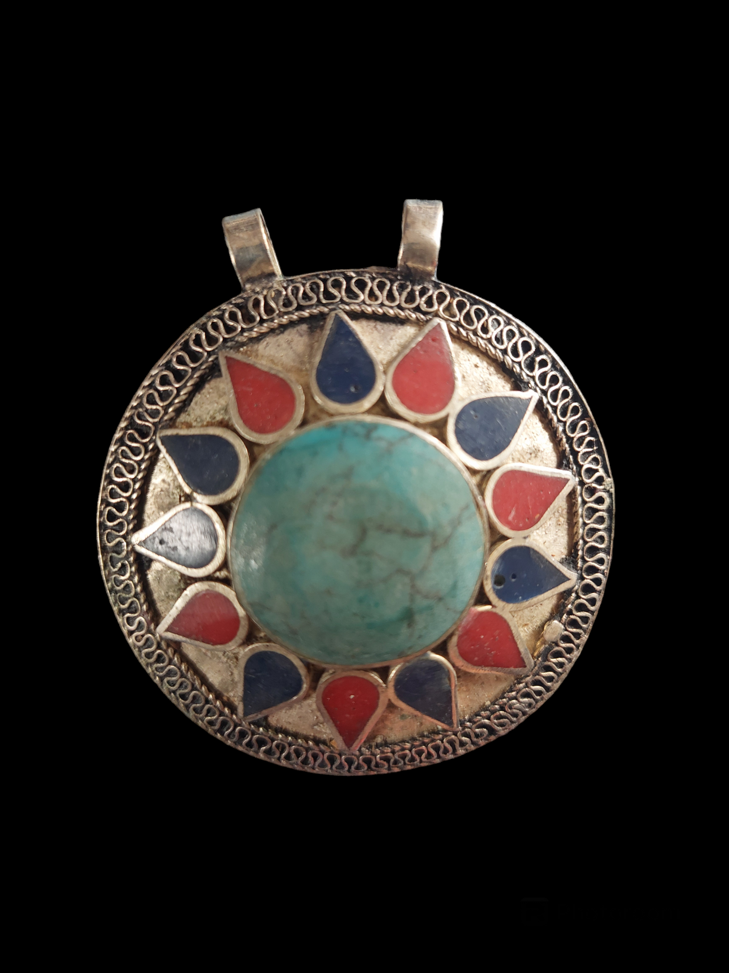 Vintage Tibetan silver pendant with howlite, lapis and coral