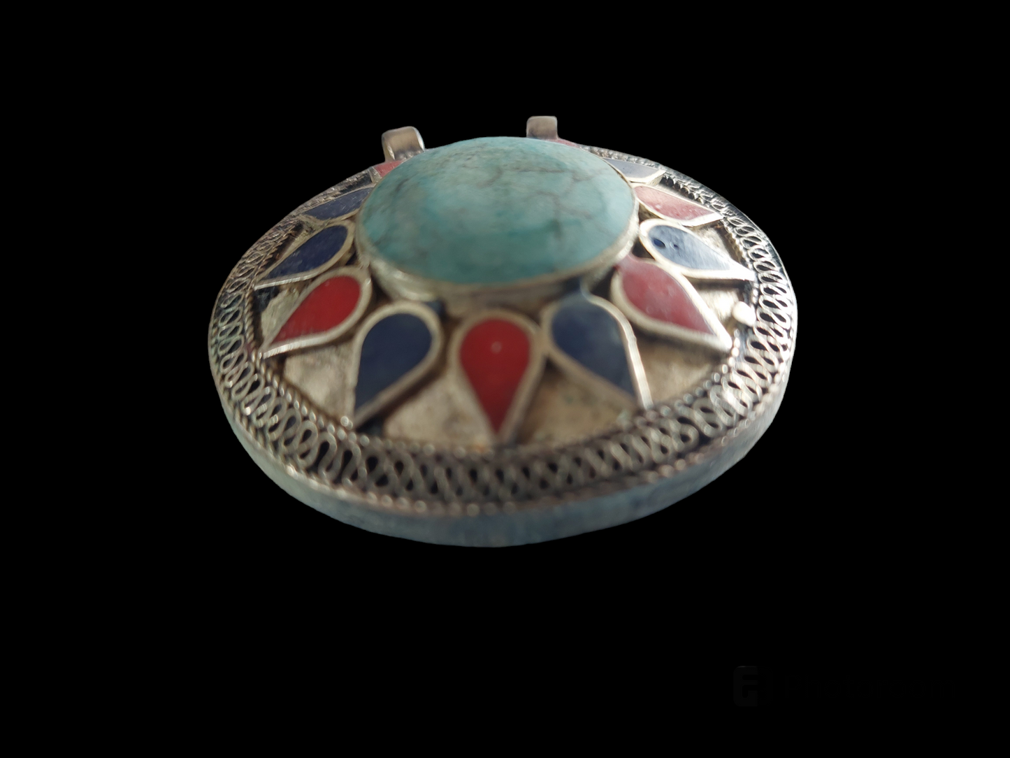 Vintage Tibetan silver pendant with howlite, lapis and coral