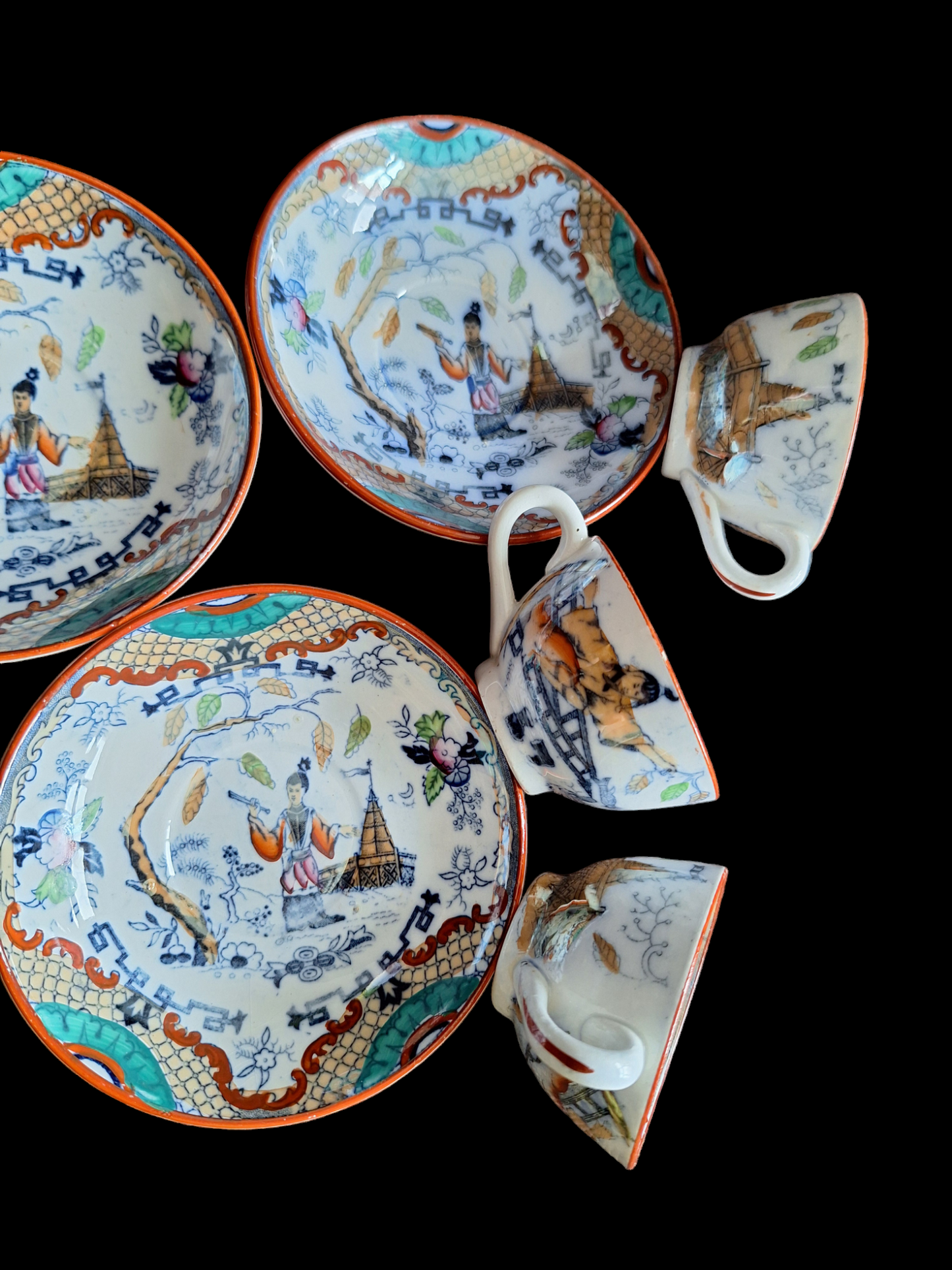 Antique Dutch lusterware cups and saucers, set of 3