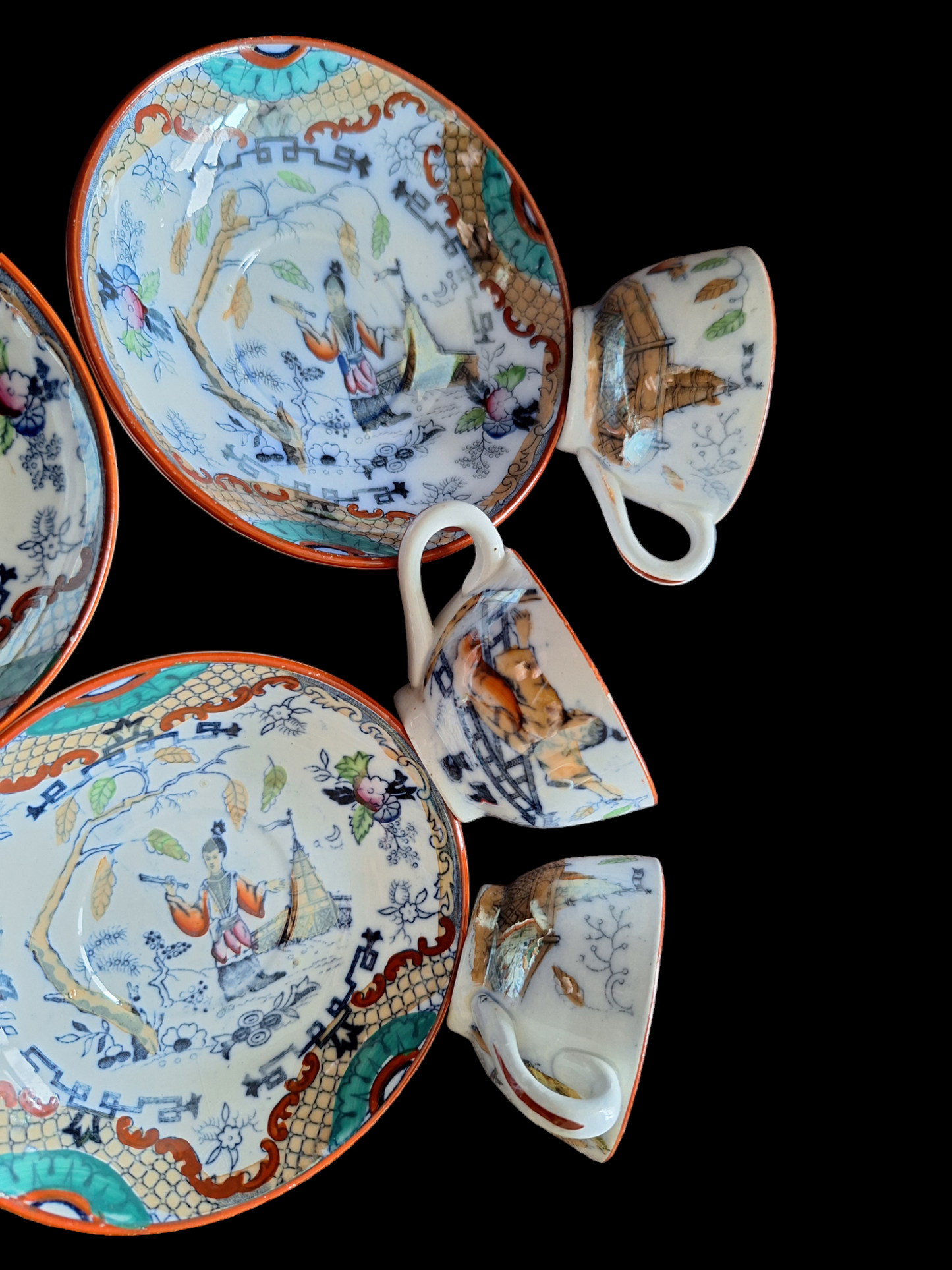 Antique Dutch lusterware cups and saucers, set of 3