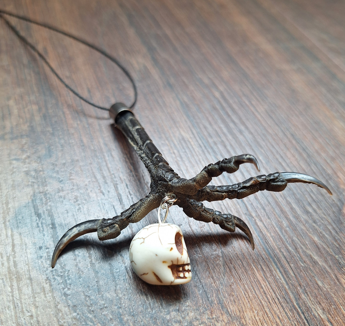 Crow claw and howlite skull amulet necklace