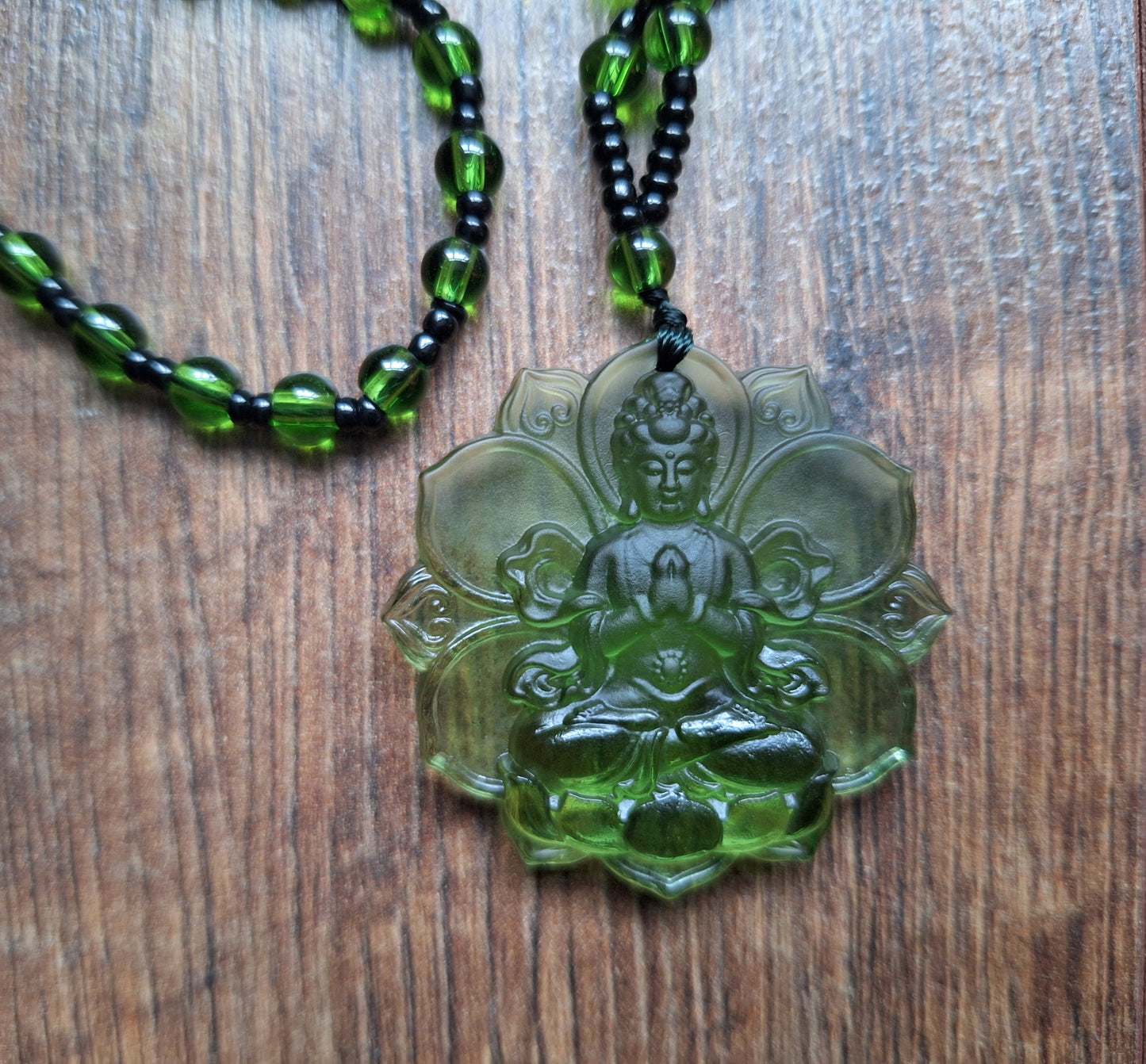 Green glass necklace with Green Tara pendant