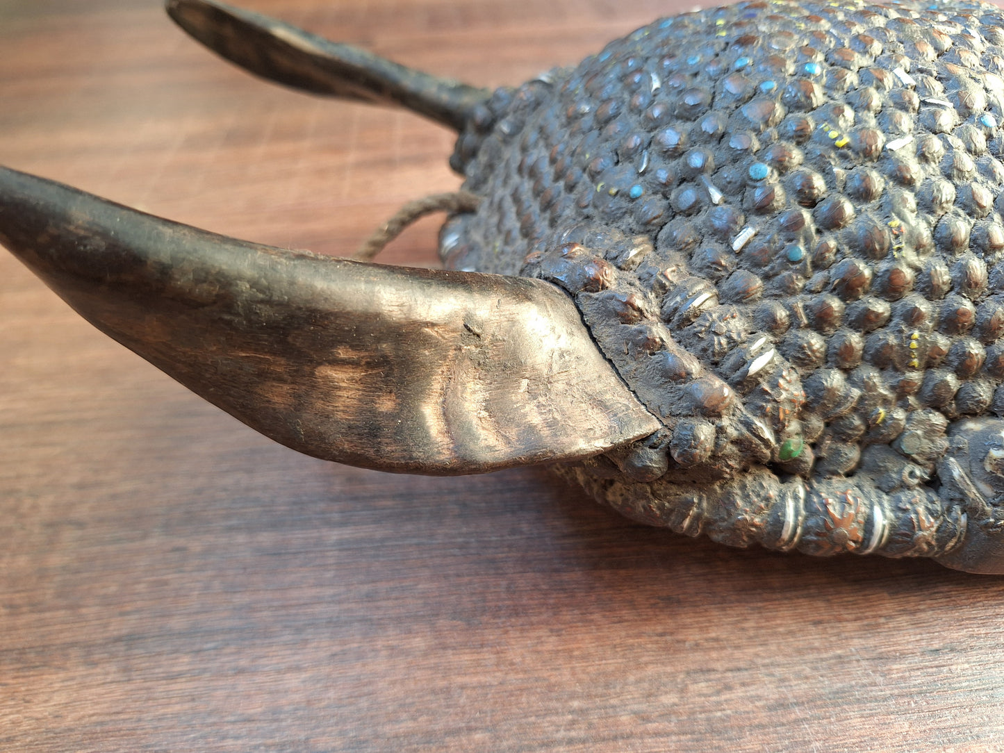 Vintage Nepalese wrathful spirit mask with seeds, shells and horns #1