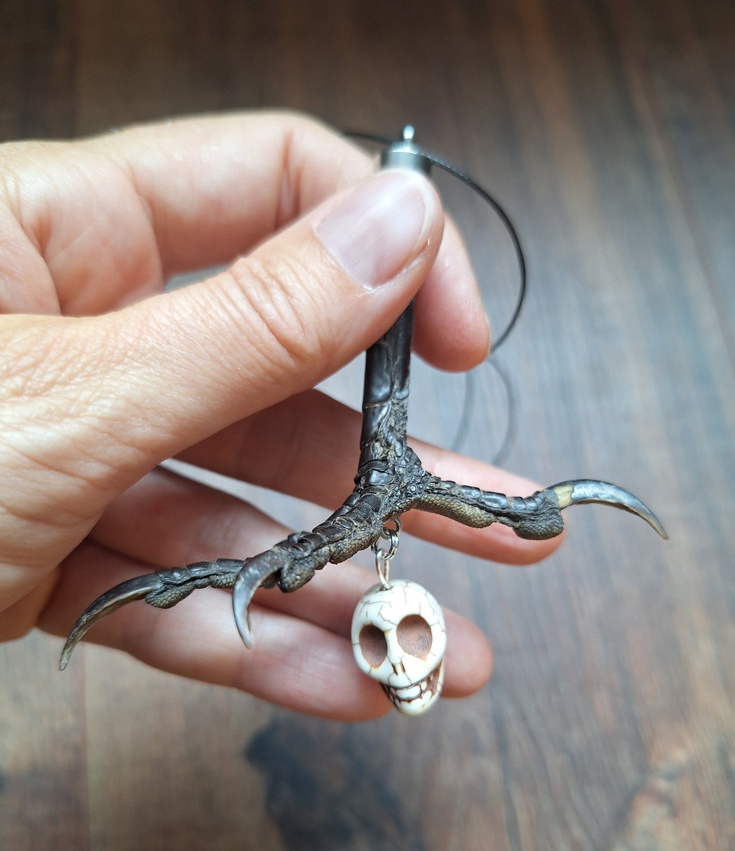 Crow claw and howlite skull amulet necklace