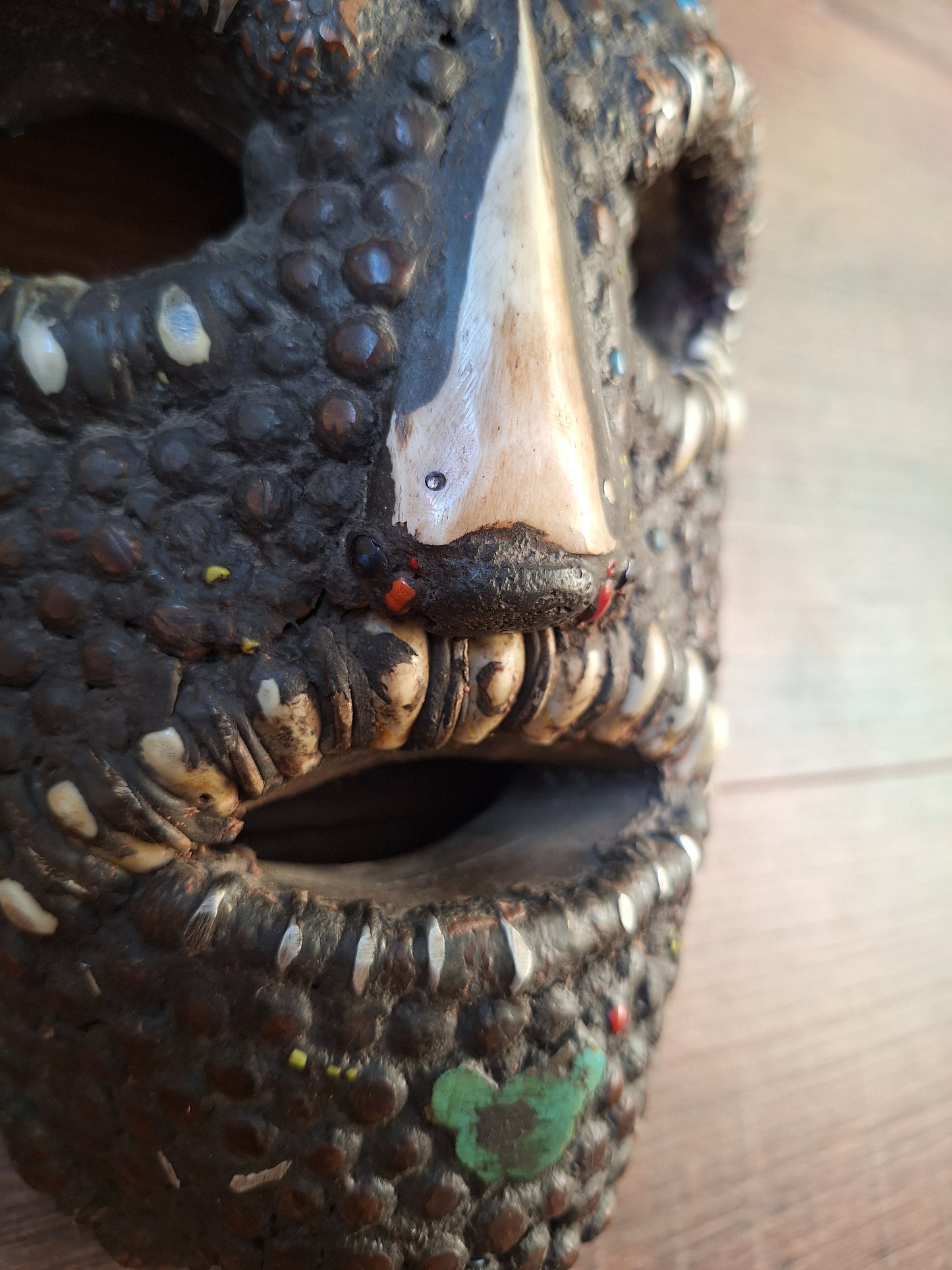 Vintage Nepalese wrathful spirit mask with seeds, shells and horns #1