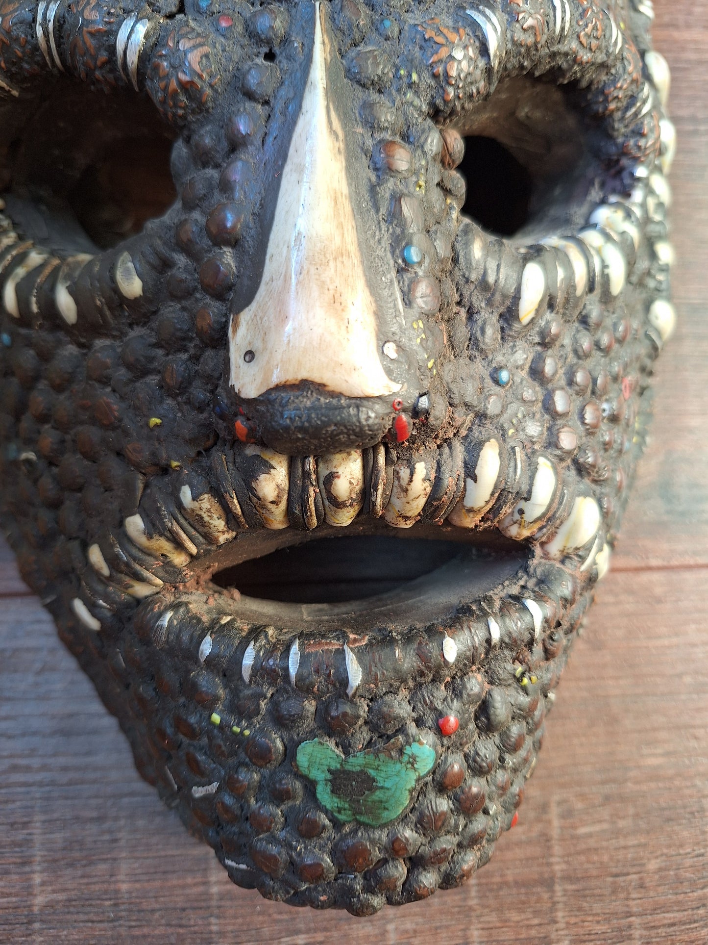 Vintage Nepalese wrathful spirit mask with seeds, shells and horns #1