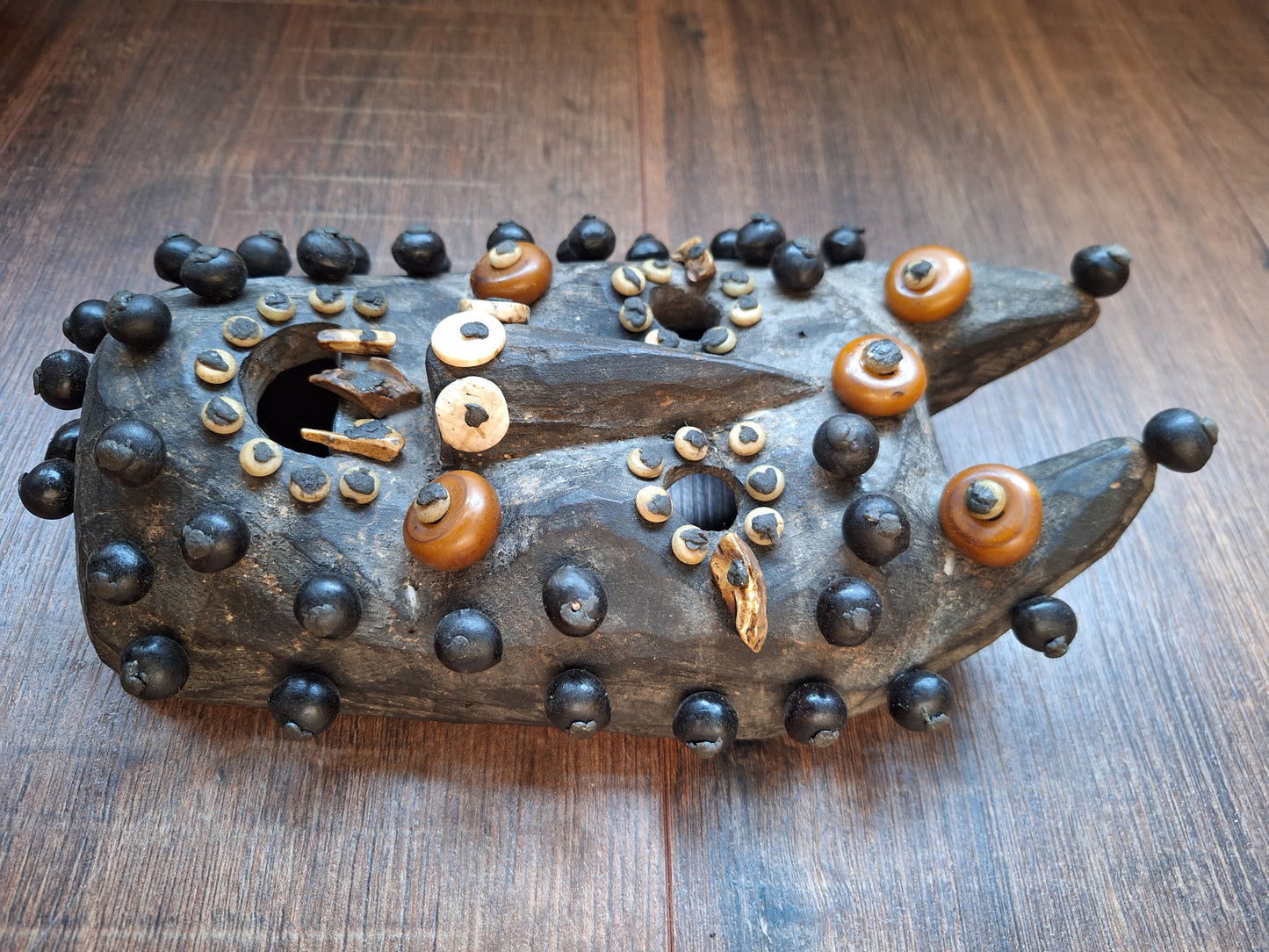 Old Nepalese wooden mask with rita, copal and shell beads