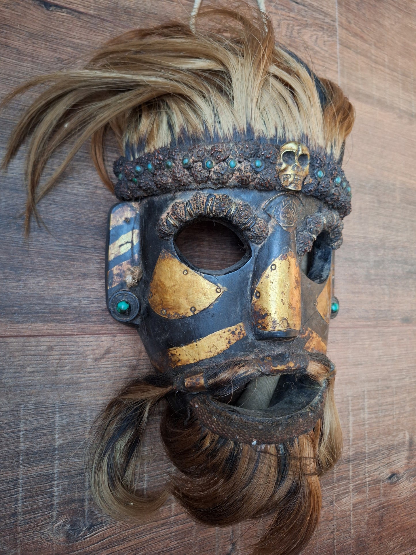 Vintage wooden wrathful spirit mask with metal plating, beads and yak hair
