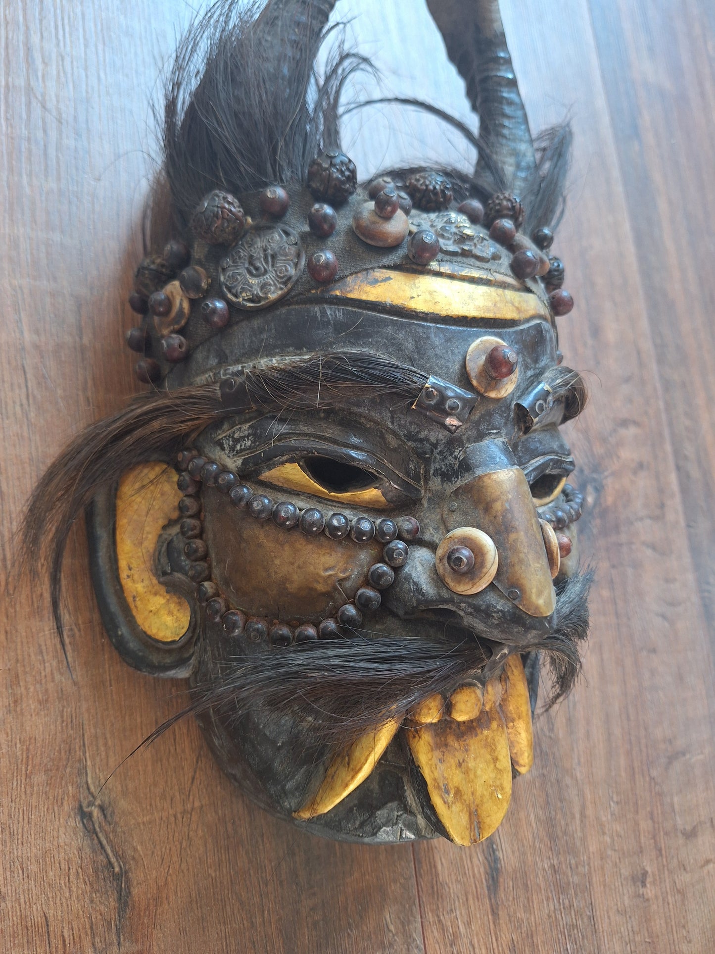 Vintage wooden wrathful spirit mask with beads, metal plating and yak hair #3