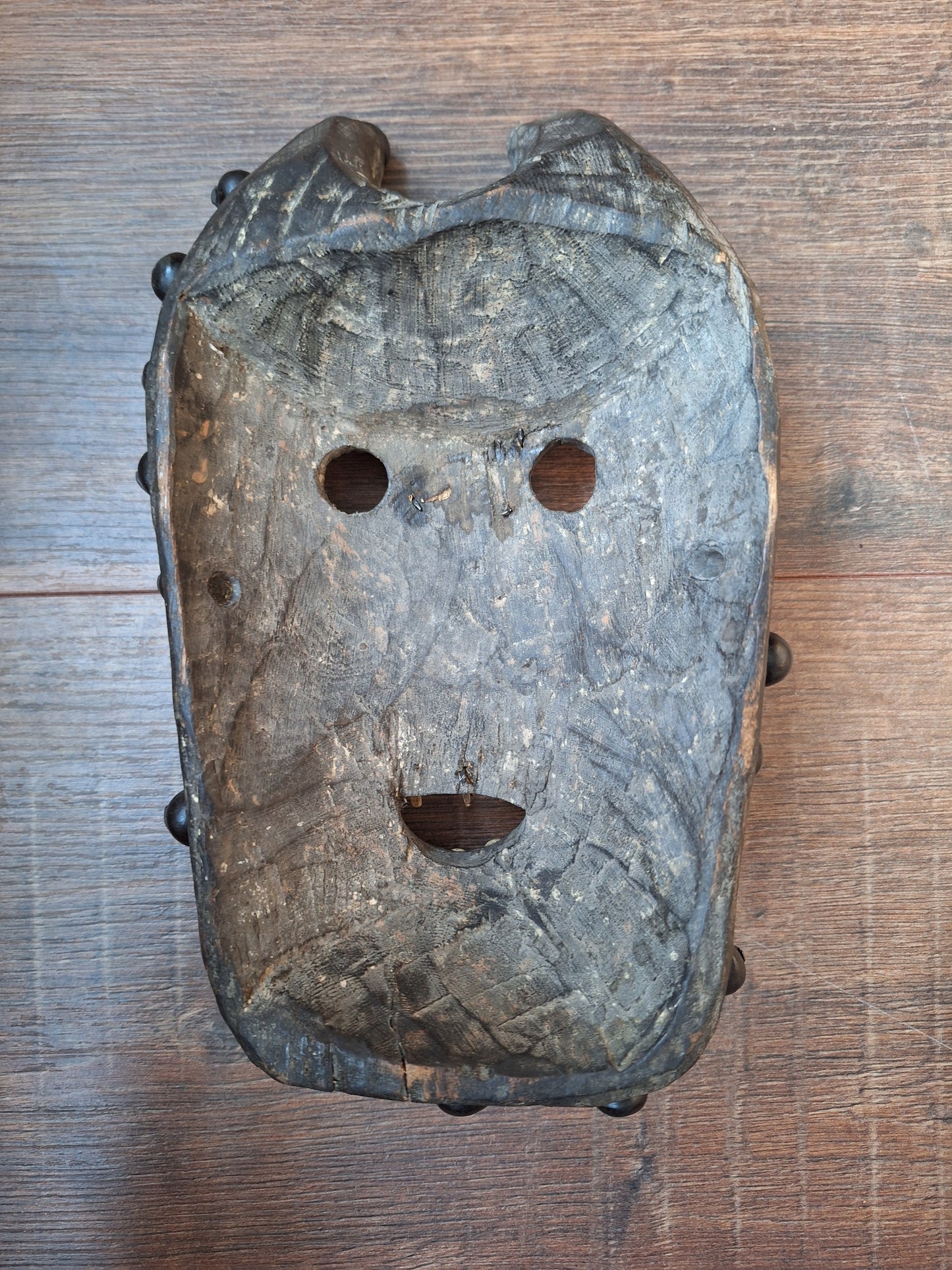 Old Nepalese wooden mask with rita, copal and shell beads