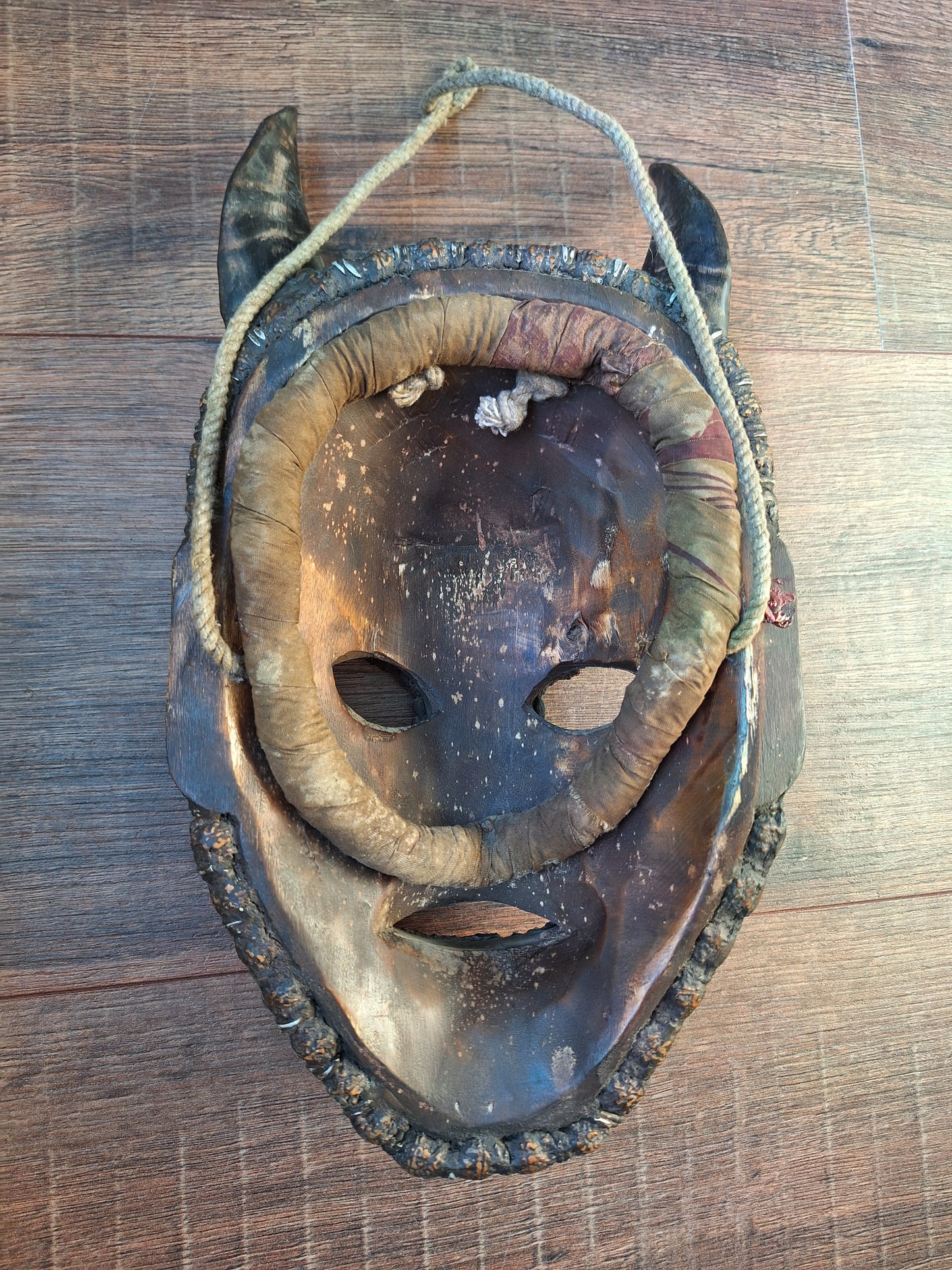 Vintage Nepalese wrathful spirit mask with seeds, shells and horns #1