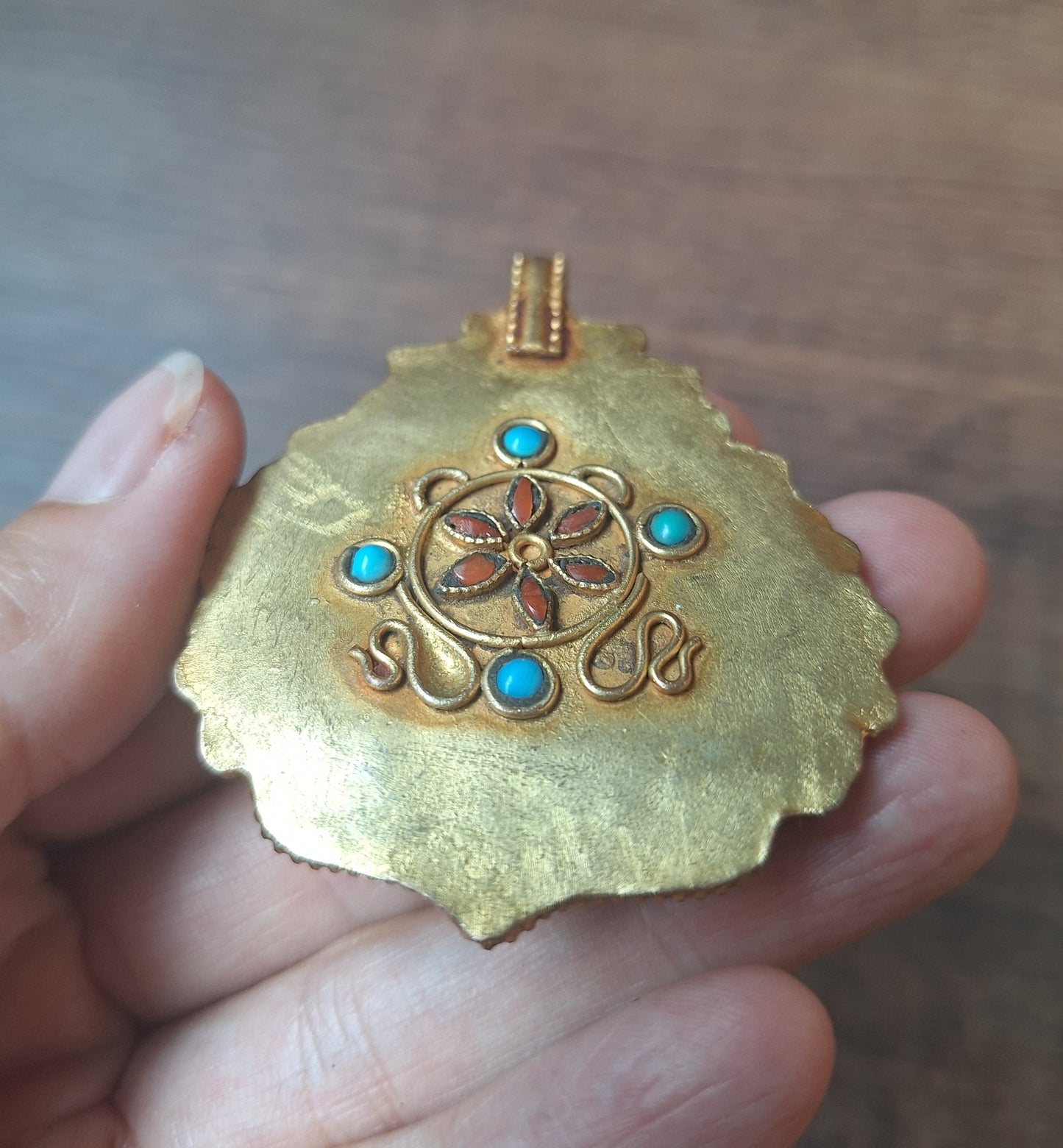 Gilded copper, coral and turquoise pendant Amitabha Buddha
