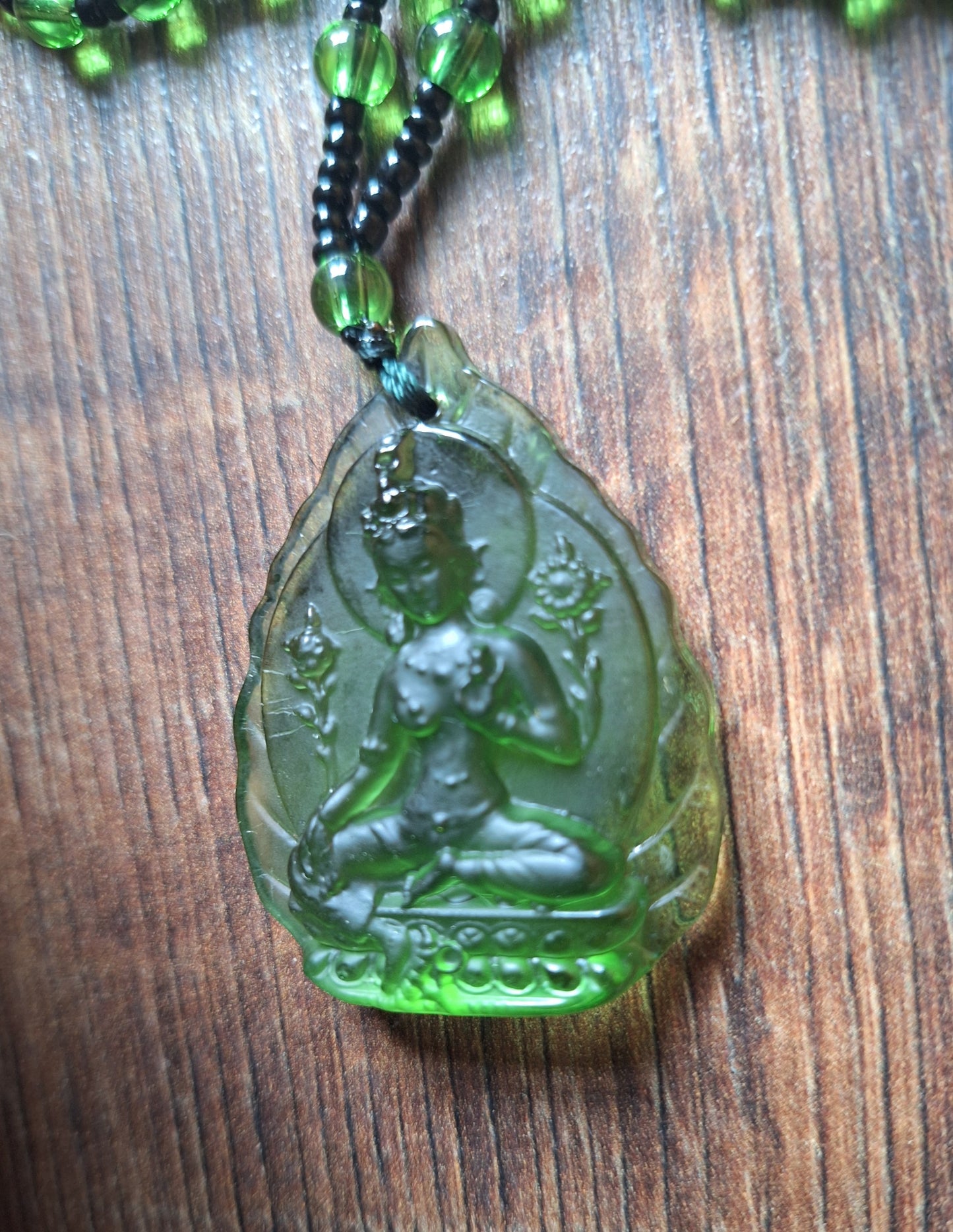 Green glass necklace with Green Tara pendant