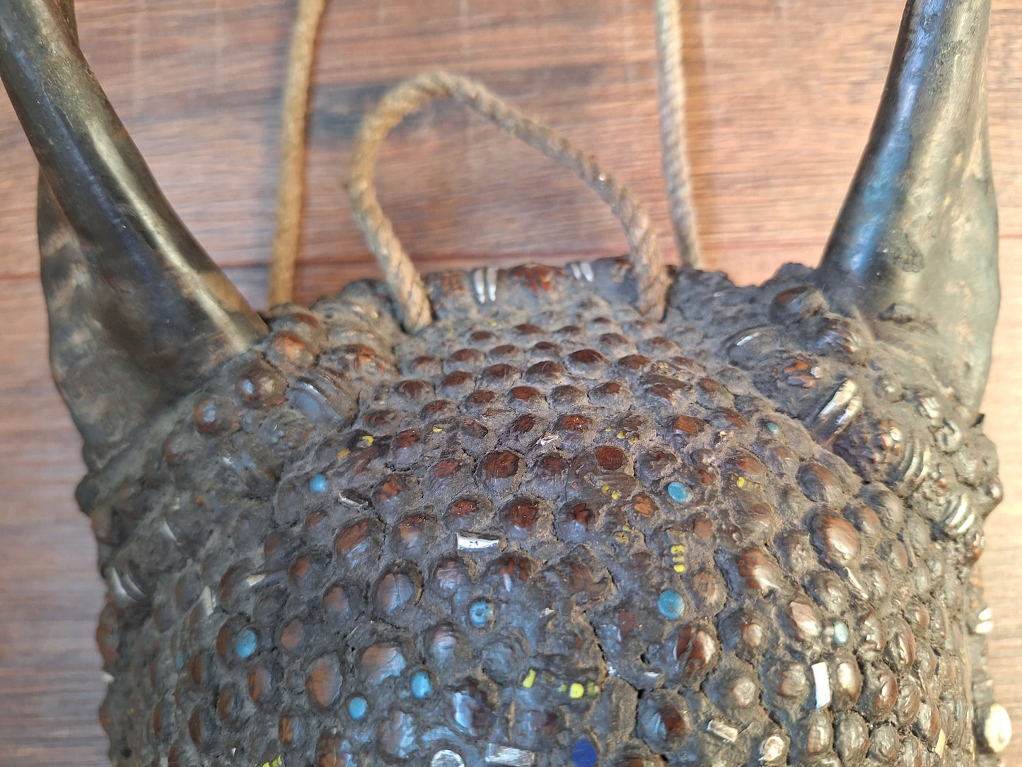 Vintage Nepalese wrathful spirit mask with seeds, shells and horns #1