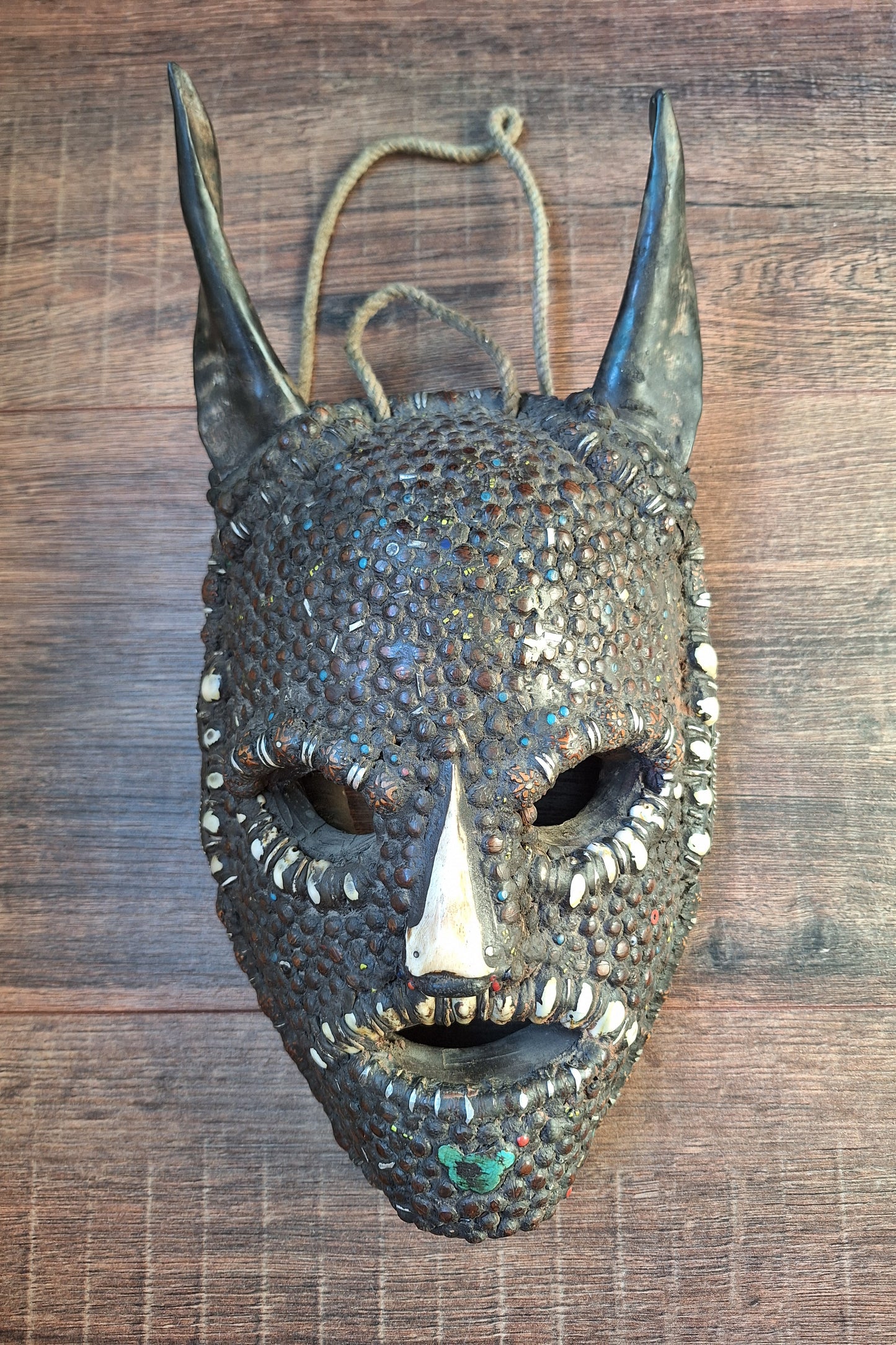 Vintage Nepalese wrathful spirit mask with seeds, shells and horns #1