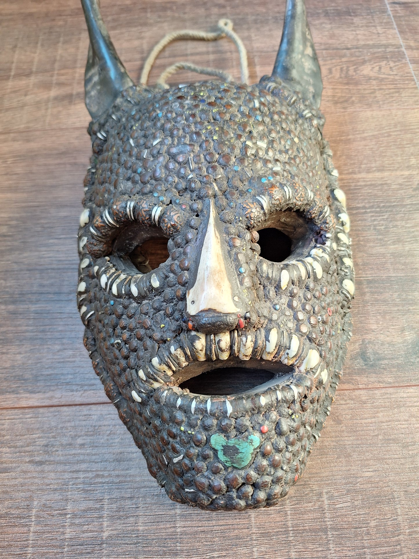 Vintage Nepalese wrathful spirit mask with seeds, shells and horns #1