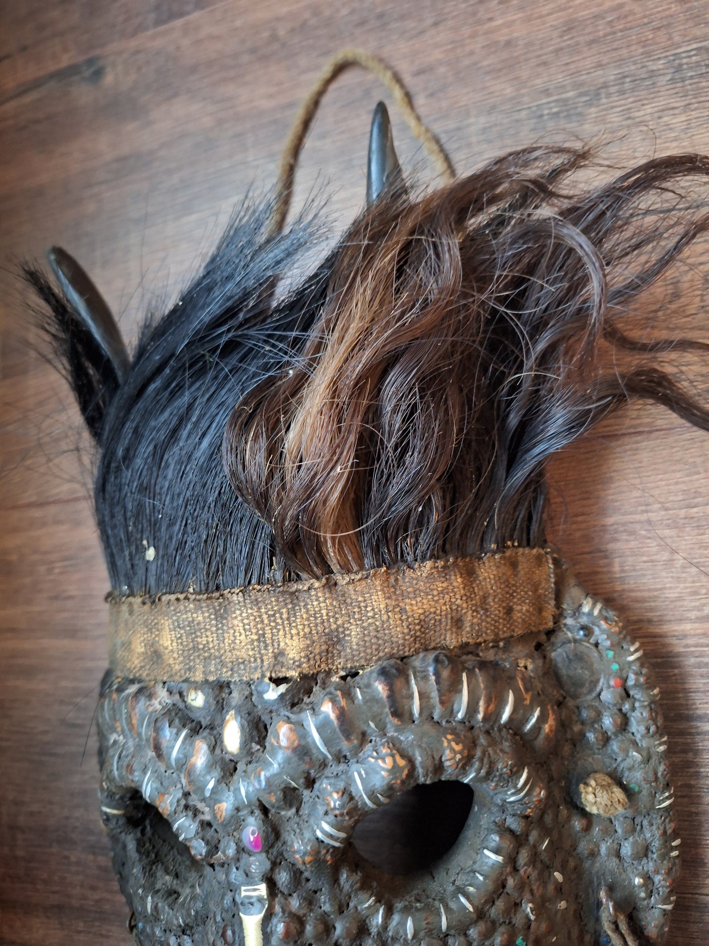 Vintage Nepalese wrathful spirit mask with seeds, shells and horns #3