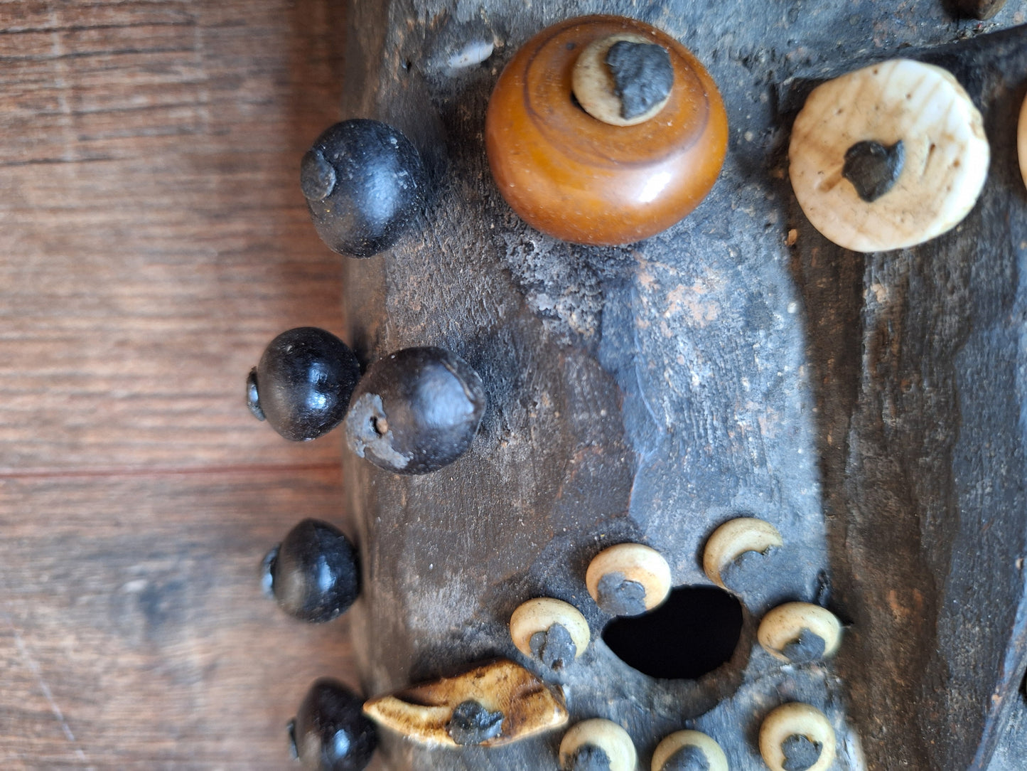 Old Nepalese wooden mask with rita, copal and shell beads