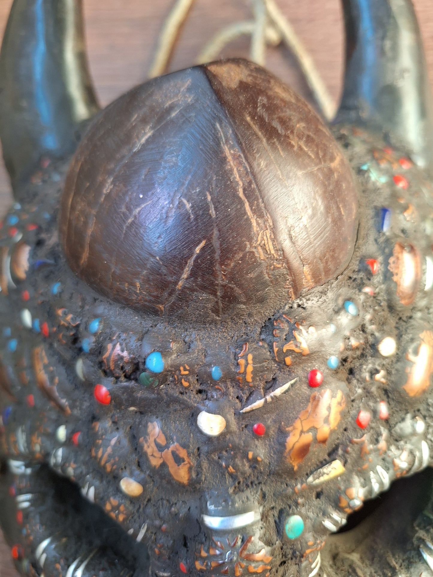 Vintage Nepalese wrathful spirit mask with seeds, shells and horns #2