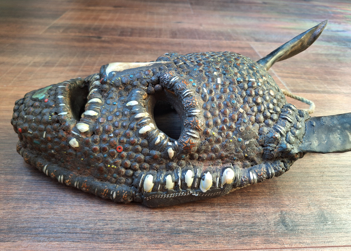 Vintage Nepalese wrathful spirit mask with seeds, shells and horns #1