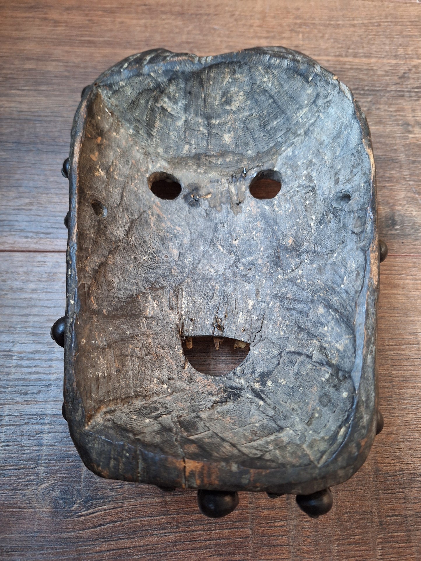 Old Nepalese wooden mask with rita, copal and shell beads