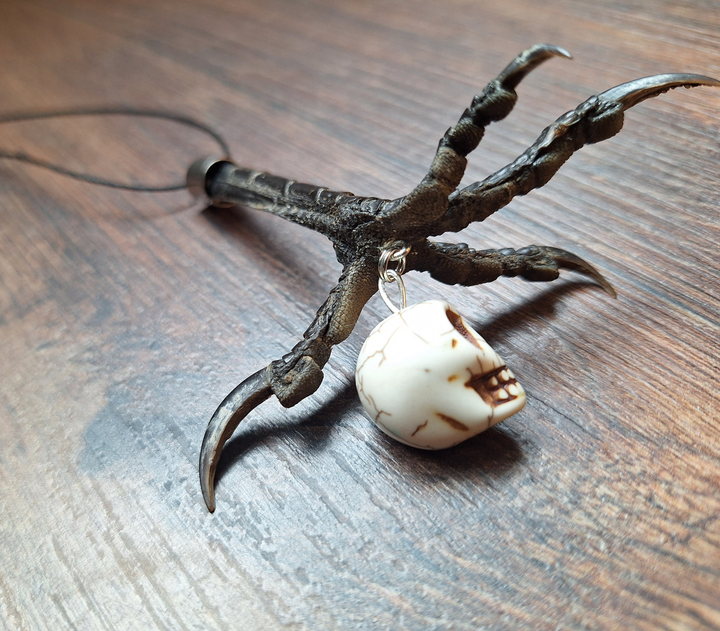 Crow claw and howlite skull amulet necklace