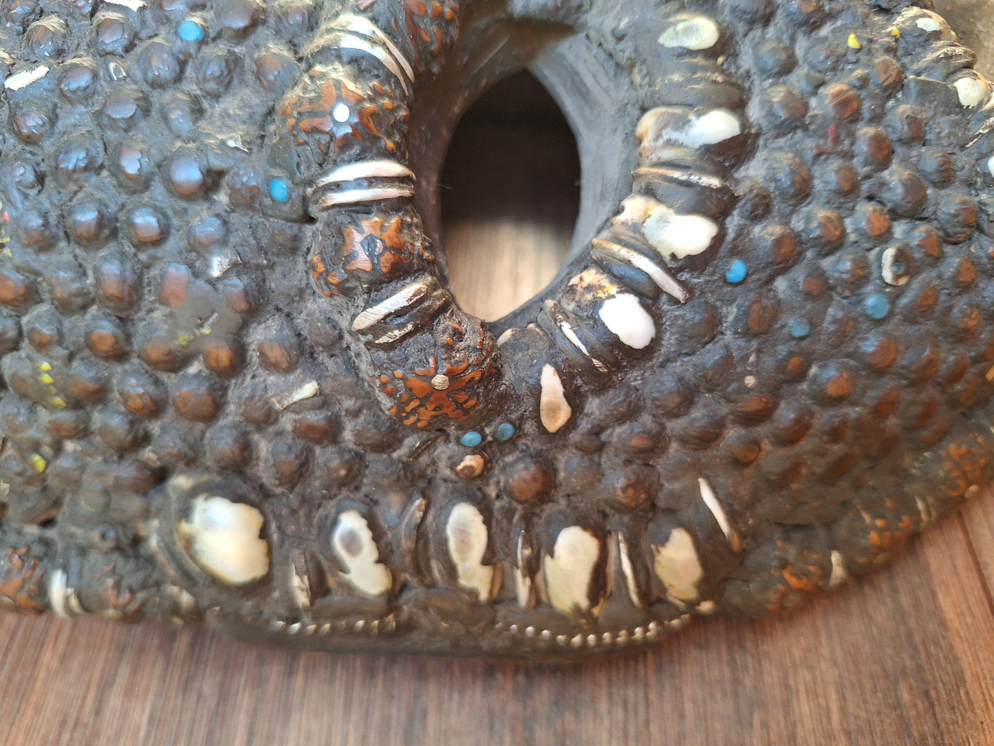 Vintage Nepalese wrathful spirit mask with seeds, shells and horns #1