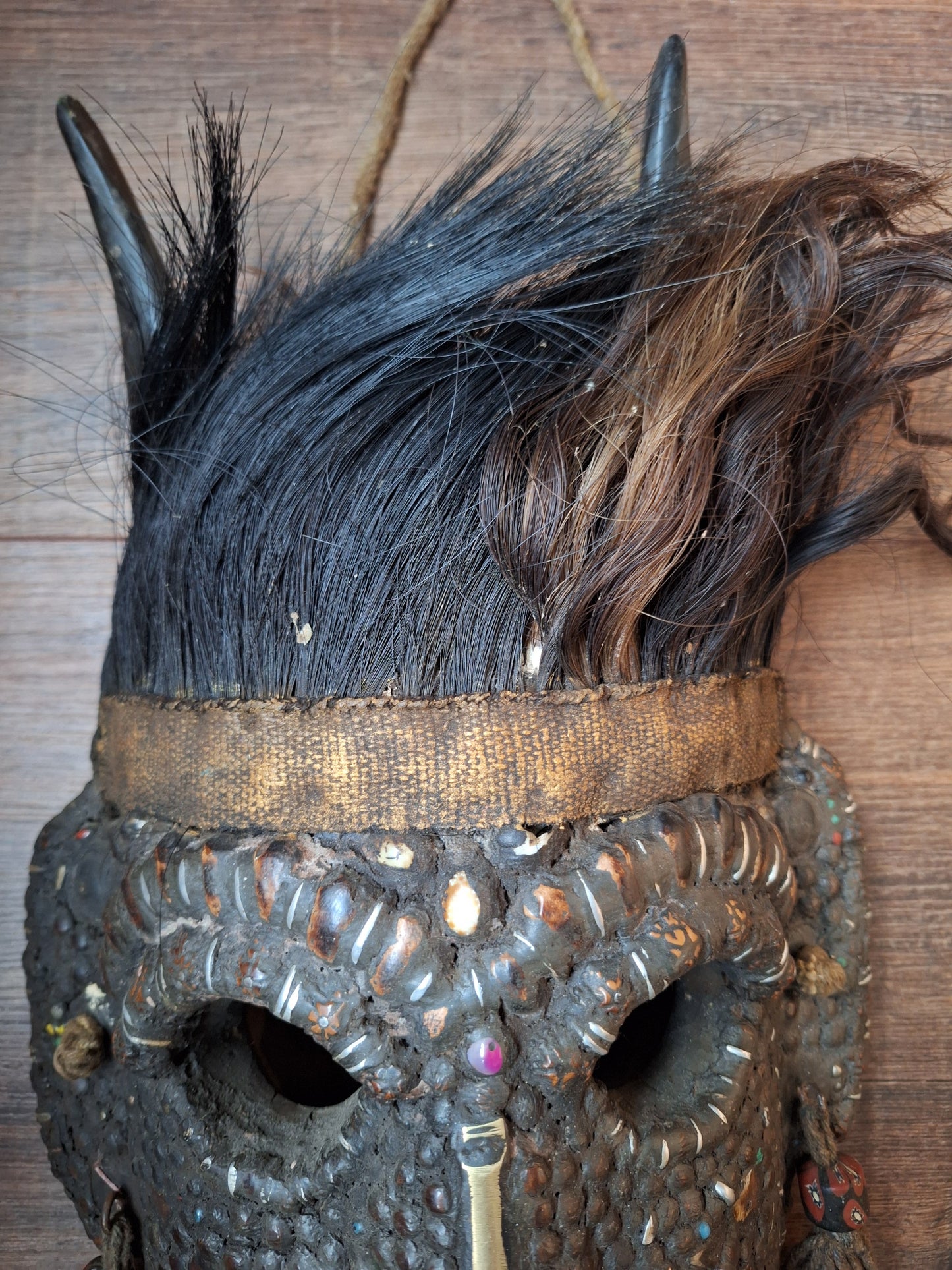 Vintage Nepalese wrathful spirit mask with seeds, shells and horns #3