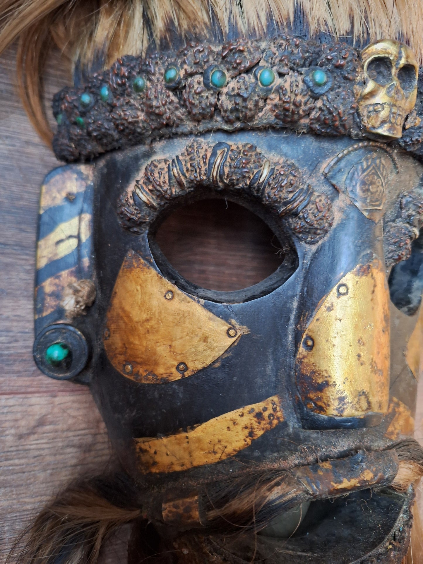 Vintage wooden wrathful spirit mask with metal plating, beads and yak hair