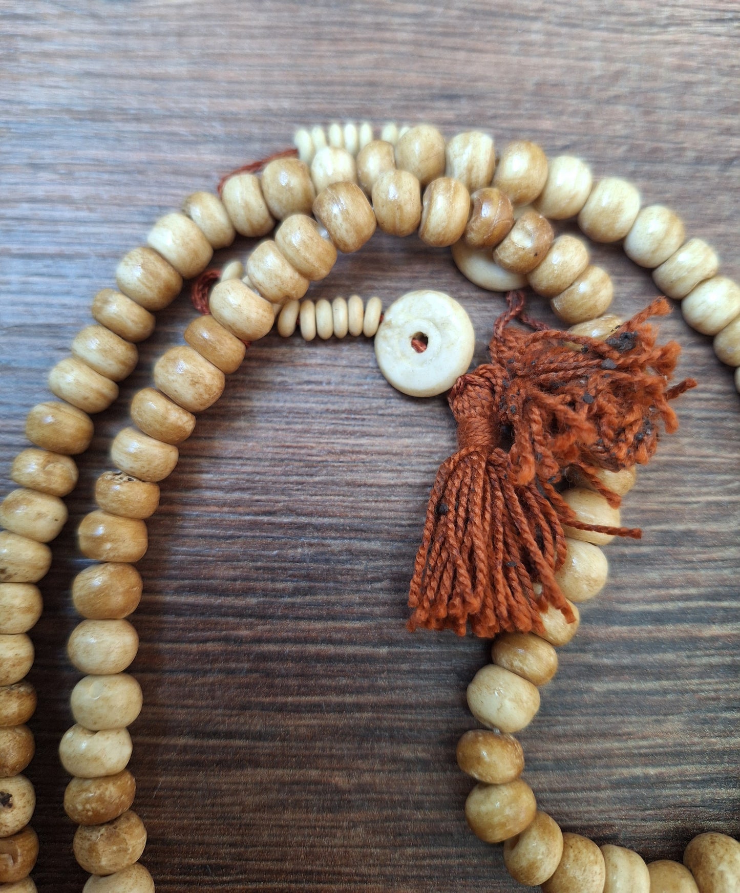 Vintage Tibetan yak bone mala with trident pendant