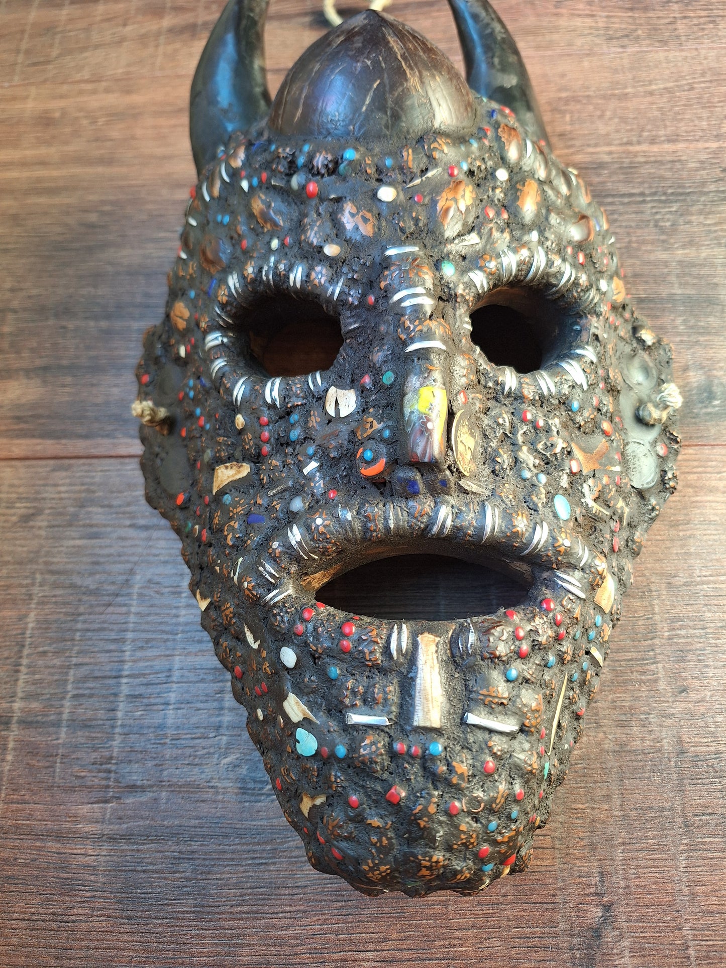 Vintage Nepalese wrathful spirit mask with seeds, shells and horns #2