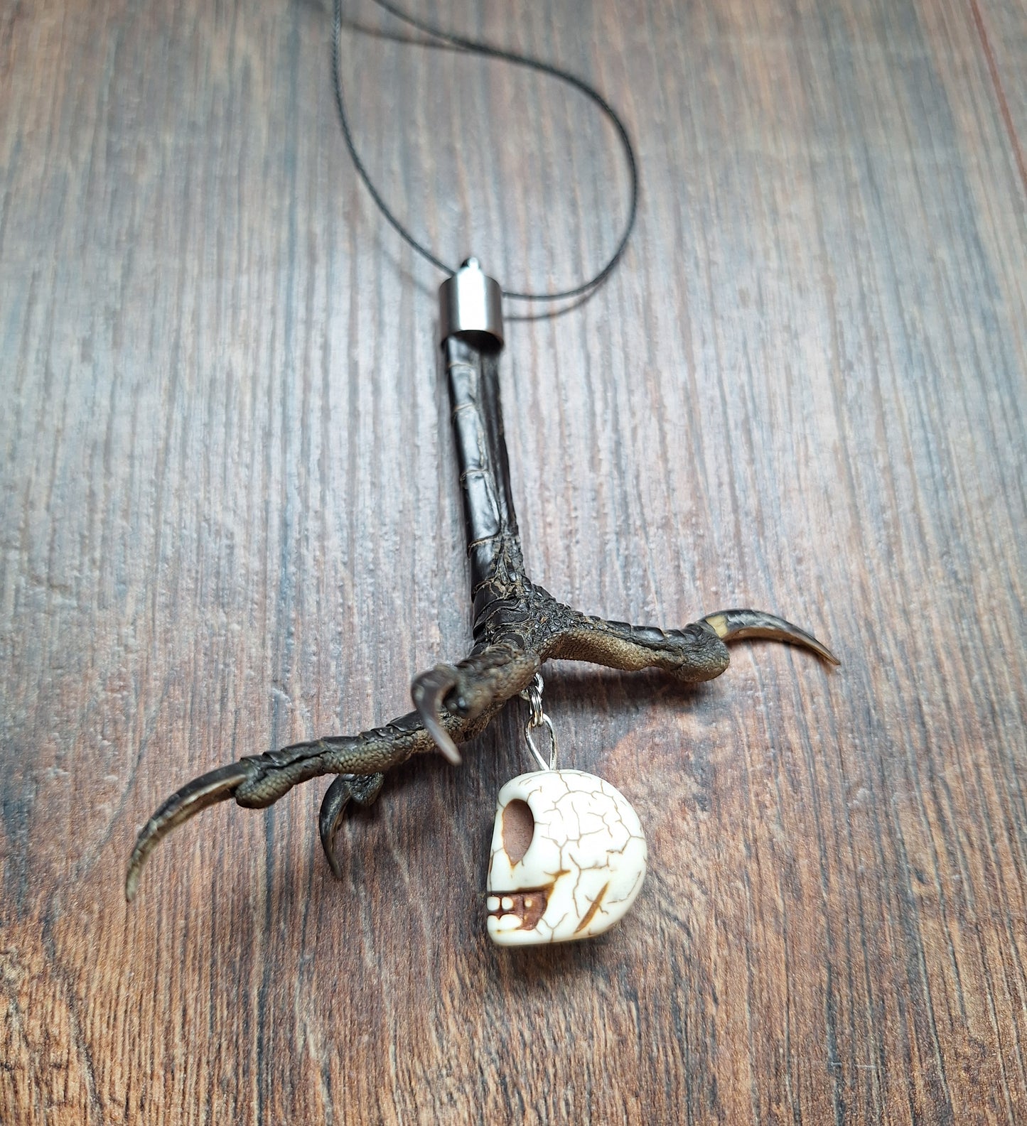 Crow claw and howlite skull amulet necklace