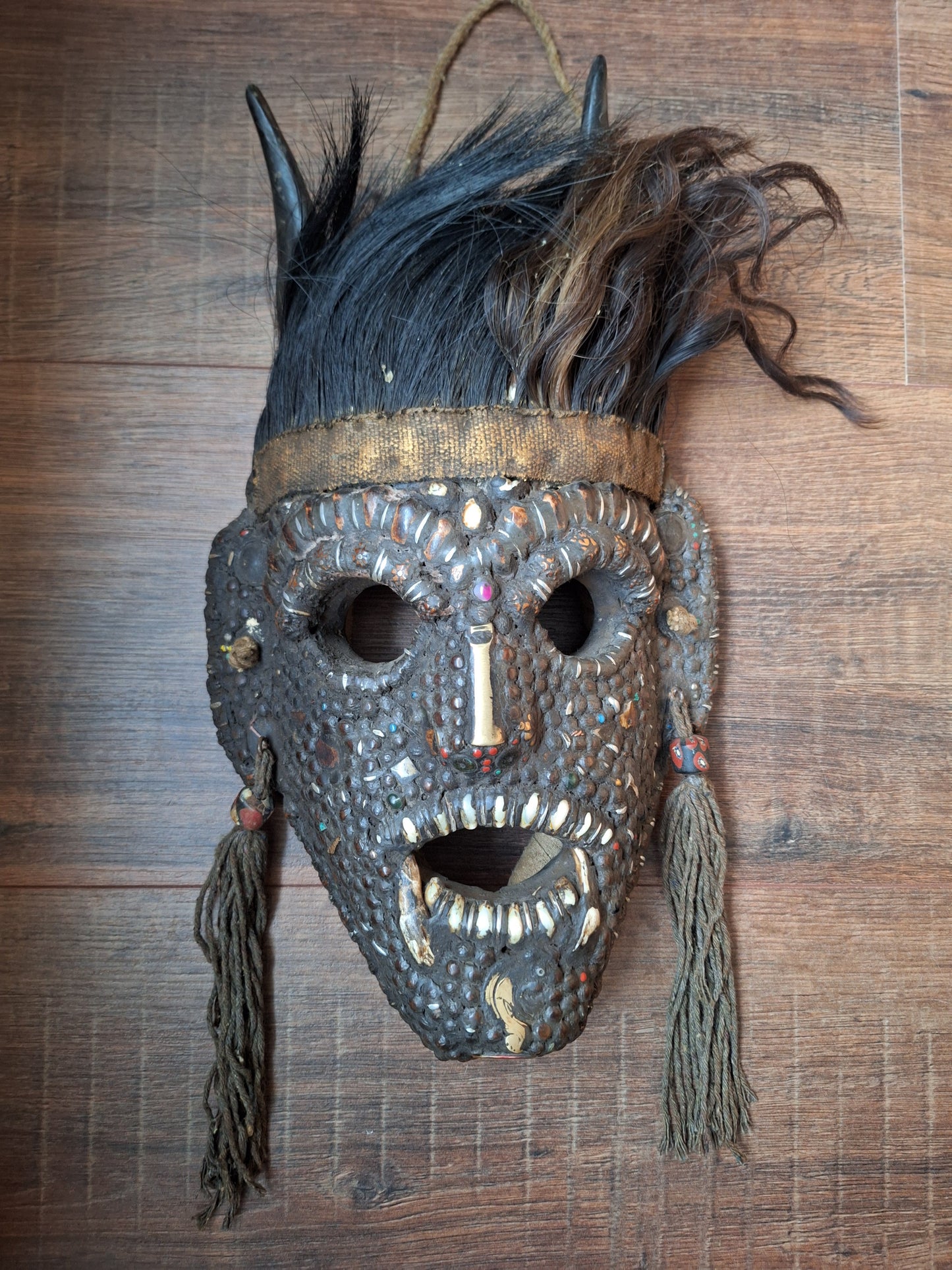 Vintage Nepalese wrathful spirit mask with seeds, shells and horns #3