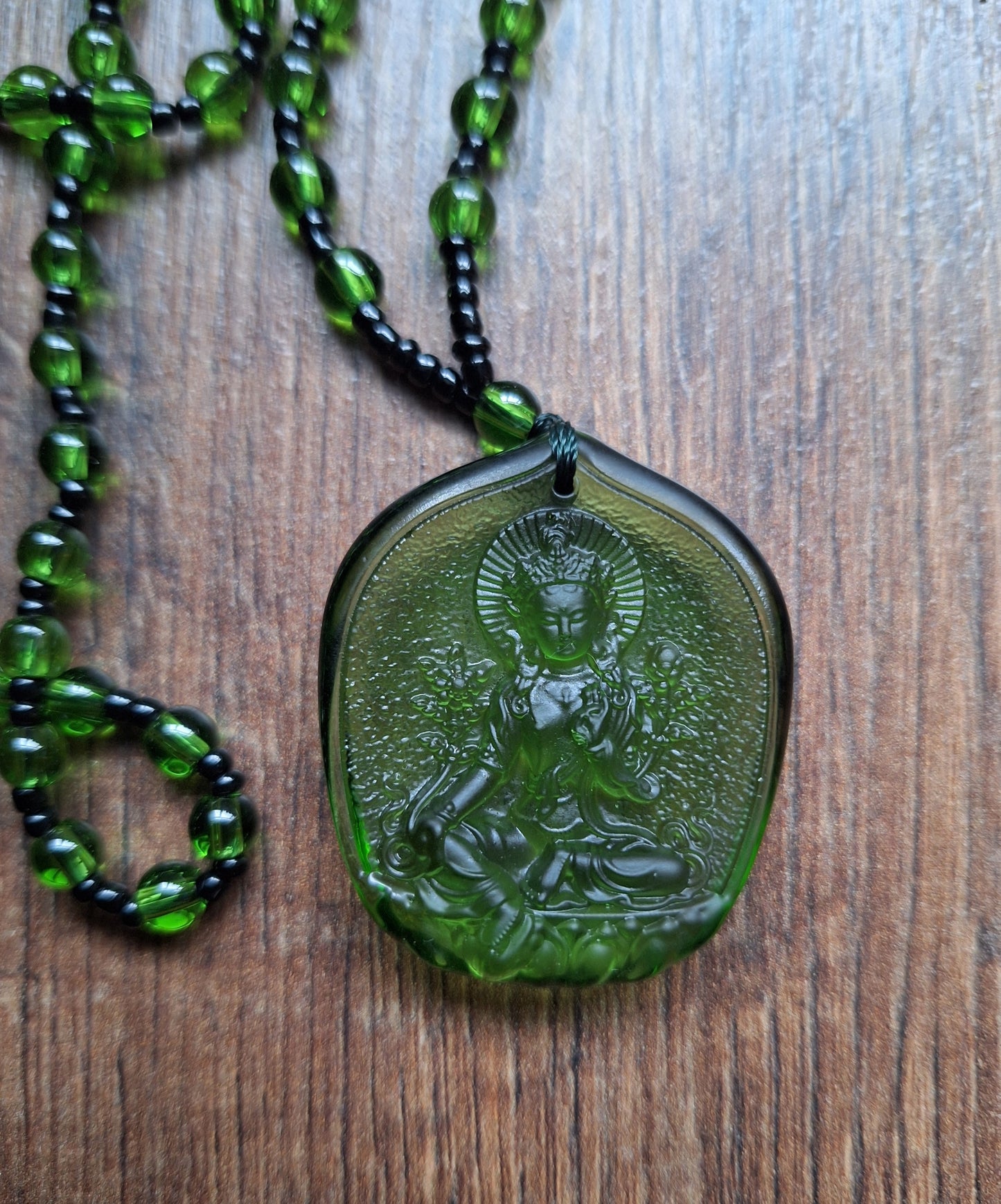 Green glass necklace with Green Tara pendant