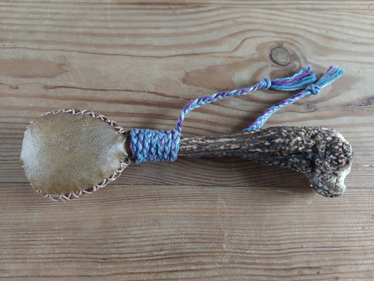 Goat hide and roe deer antler rattle