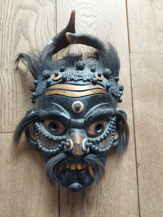 Vintage wooden wrathful spirit mask with beads, metal plating and yak hair #1